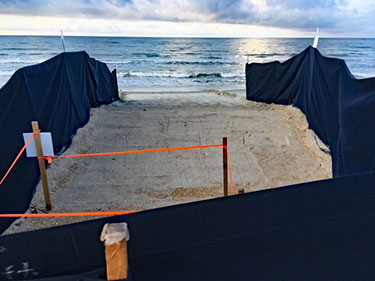 Shade cloth extends from the nest to the ocean showing sand smoothed out by volunteers.